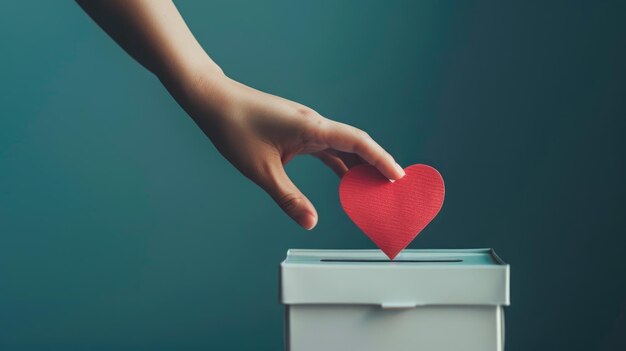 Avec soin, la main d'une femme dépose un cœur de papier rouge dans la fente d'une boîte à dons blanche.