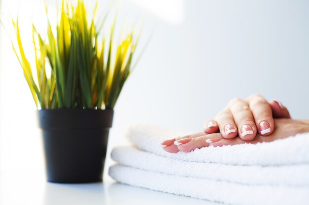 Soin des ongles. Ongles de belle femme avec manucure française