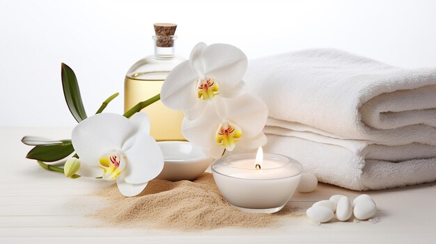 Soins de beauté spa et fond de bien-être avec des serviettes de fleurs d'orchidées en pierre de massage