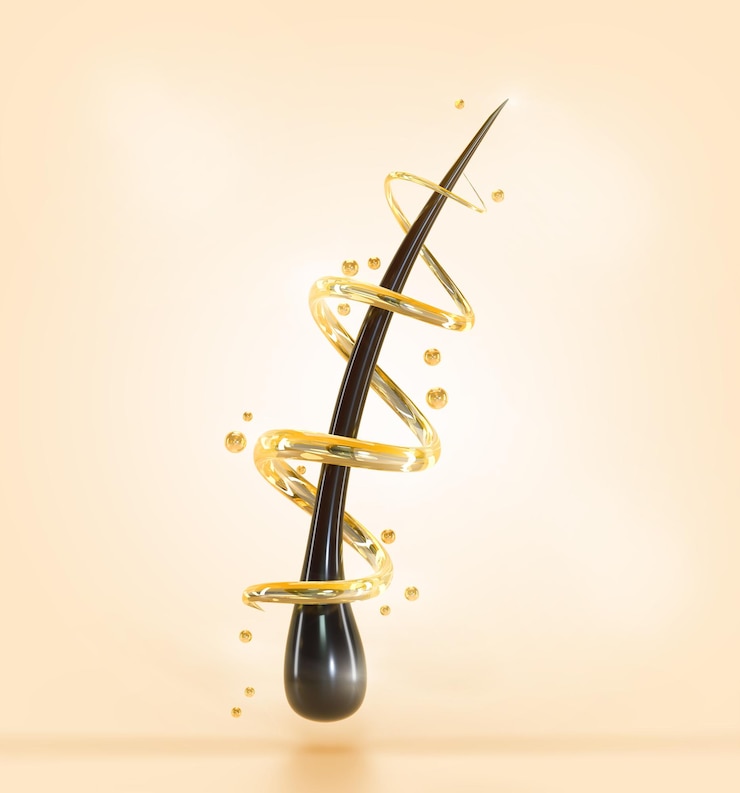 Photo soins capillaires rendu 3d réparation et traitement du follicule avec du sérum de bulles d'huile dorée en spirale de kératine liquide sur fond beige produit cosmétique ou shampooing modèle de bannière publicitaire