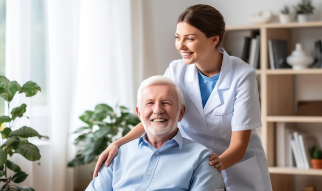 Soins compatissants Une infirmière heureuse s'occupe d'un homme âgé souriant dans un fauteuil à la maison