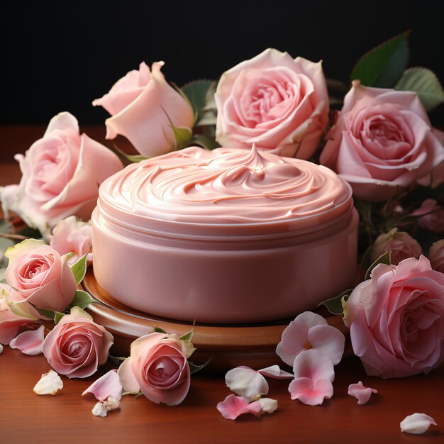 Des soins de la peau essentiels avec des roses en fleurs sur un fond rose