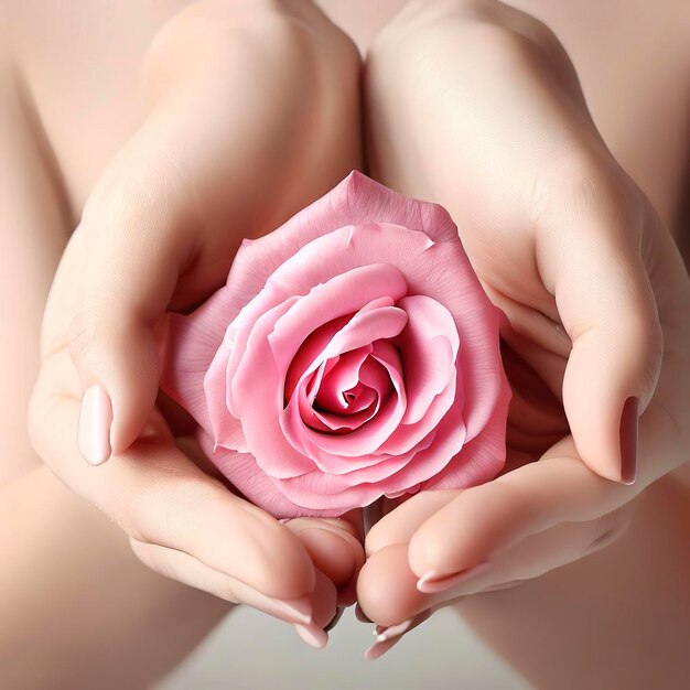 Soins de la peau Mains avec tête de rose rose