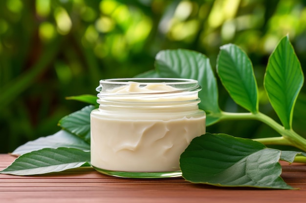 Photo des soins de la peau radieux qui embrassent la pureté de la nature avec un pot en verre vert de crème hydratante pour spa