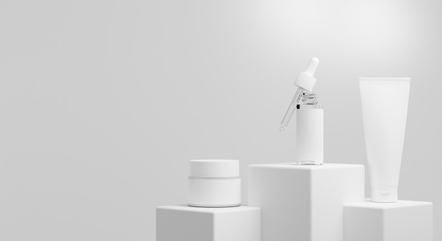 Soins de la peau sérum crème lotion bouteille cosmétique illustration de rendu 3d maquette emballage de produit de traitement de spa médical