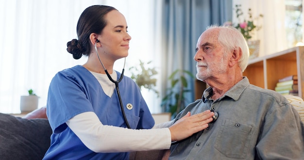 Soins pour personnes âgées et stéthoscope pour l'examen des poumons avec soins de santé retraite et bien-être en maison de retraite Infirmière de patients âgés et écoute de la respiration pour une maladie infectieuse ou une pneumonie