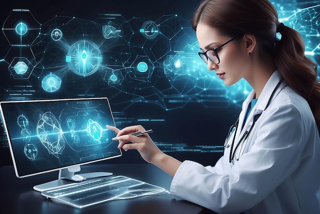 Soins de santé et médicaux Docteur et stéthoscope touchant l'icône ADN et soins de santé numériques et diagnostic médical du patient avec connexion au réseau sur l'interface d'hologramme moderne Technologie médicale