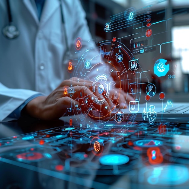 Soins technologiques Médecins travaillent à la main avec un diagramme d'icône virtuel sur ordinateur Pour les médias sociaux Post Si