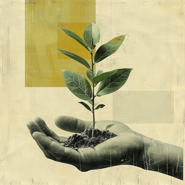 Les soins tendres d'une petite plante Un collage d'art contemporain