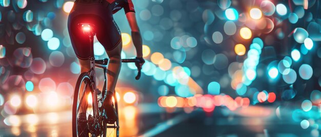 Le soir, une femme athlétique fait du vélo de route devant une scène urbaine spectaculaire.