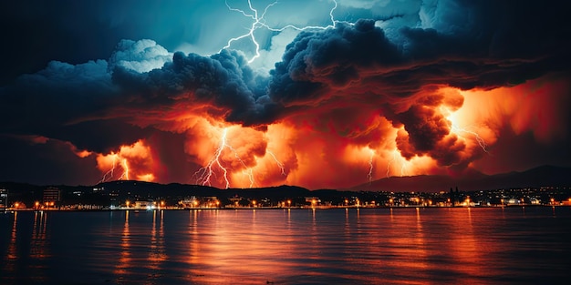 Ce soir, il y aura du tonnerre et des éclairs. Le ciel nocturne au-dessus d'une ville méditerranéenne est turbulent.