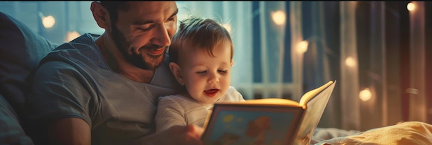 Le soir, un père et son jeune enfant racontent des histoires sous une lampe de chevet.