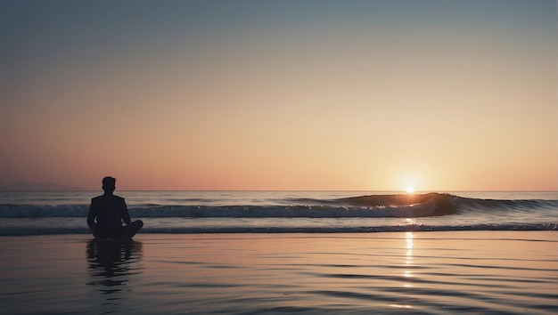 Photo le soir, quand le soleil se couche derrière l'horizon de la mer, un homme s'assoit sur la plage et médite.