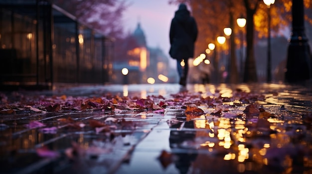 soir rue humide asphalte avec flaque ville floue néon coloré feuilles d'automne personnes