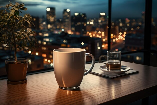 une soirée au bureau avec une tasse de café photographie publicitaire professionnelle