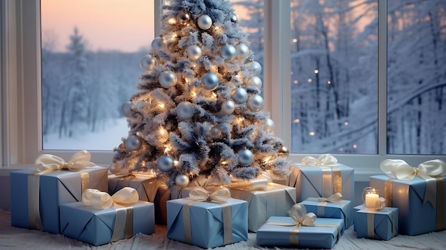 Une soirée chaleureuse et confortable dans la conception d'intérieurs de NoëlArbre de Noël décoré de lumières Présents des cadeaux des jouets des cerfs des bougies des lanternes des guirlandes de l'éclairage à l'intérieur de la cheminée