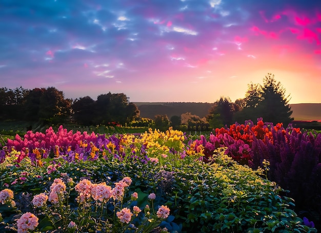 Photo soirée ciel coloré dans un jardin fleuri de rêve