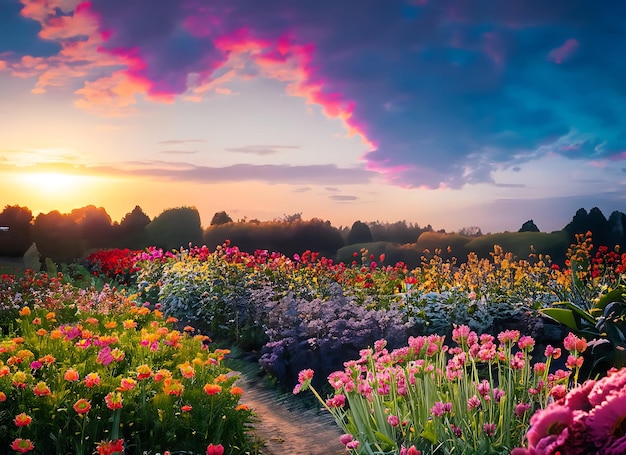 Photo soirée ciel coloré dans un jardin fleuri de rêve