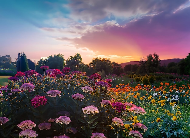 Photo soirée ciel coloré dans un jardin fleuri de rêve