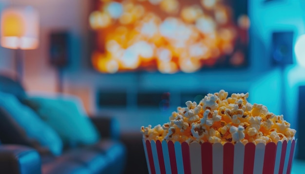 Une soirée de cinéma à la maison avec du pop-corn.