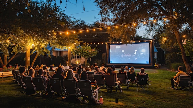 Une soirée de cinéma en plein air dans une cour arrière Les gens sont assis dans des chaises et sur des couvertures en regardant un film sur un grand écran