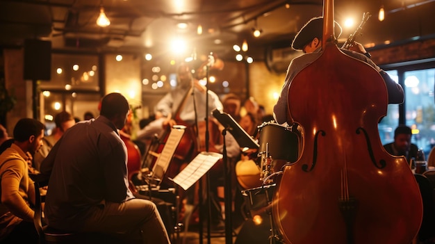 Une soirée dans un club de jazz musiciens à mi-performance Resplendent