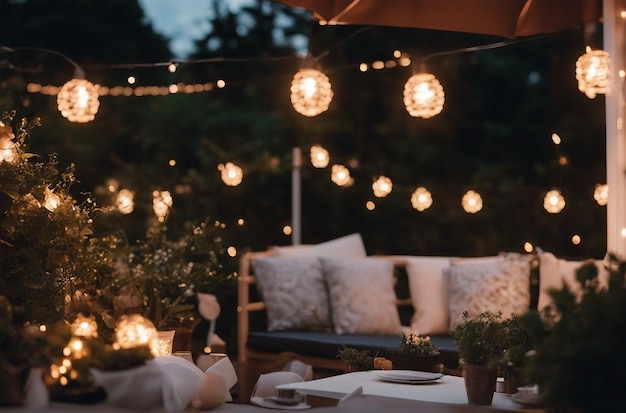 Soirée d'été sur le patio d'une belle maison de banlieue avec des lumières dans le jardin du jardin