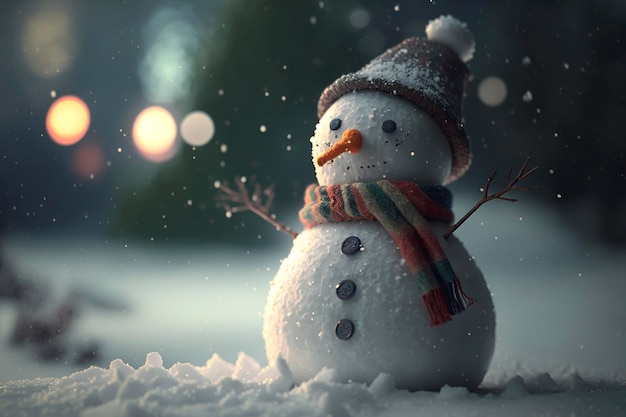 Soirée d'hiver confortable Un joyeux petit bonhomme de neige avec chapeau et écharpe dans un paysage d'hiver serein