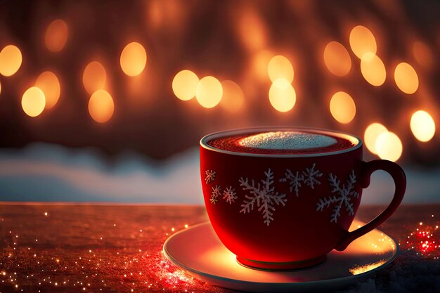 Soirée d'hiver tasse de chocolat chaud rouge sur fond de neige et de lumières de noël