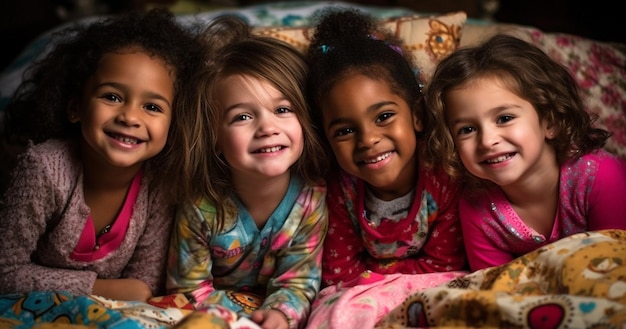 Soirée pyjama tradition intemporelle de l'enfance Petites filles se reposant sur le lit Concept de soirée pyjama Les filles veulent juste s'amuser Inviter un ami pour une soirée pyjama Meilleurs amis pour toujours Envisager une soirée pyjama à thème