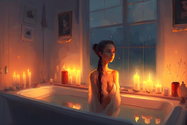 Soirée romantique avec une fille dans la salle de bain avec des bougies créées avec une IA générative