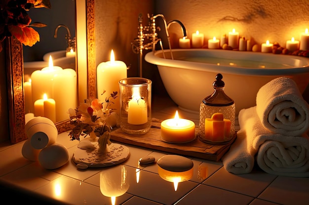 Soirée romantique originale dans la salle de bain avec des bougies et des procédures de spa créées avec une IA générative