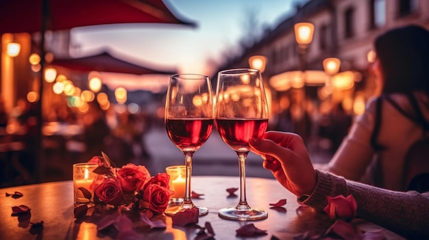 soirée romantique verre de vin et roses sur table dans la rue du café au coucher du soleil