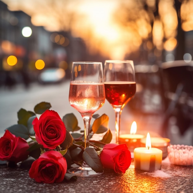 soirée romantique verre de vin et roses sur table dans la rue du café au coucher du soleil