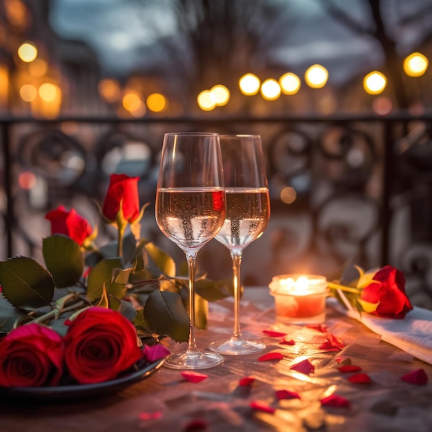 soirée romantique verre de vin et roses sur table dans la rue du café au coucher du soleil