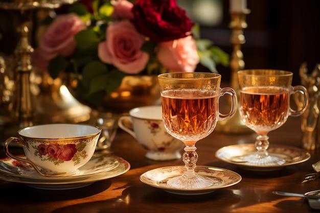 Une soirée de thé vintage avec des tasses de thé, des soucoupes et des petits fours.