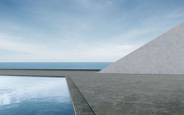 Sol En Béton Vide Pour Parking Avec Piscine Rendu 3d D'un Bâtiment Abstrait Avec Fond De Ciel