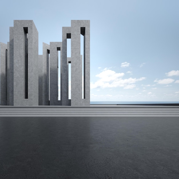 Sol en béton vide pour parking rendu 3d d'un bâtiment abstrait avec fond de vue sur la mer