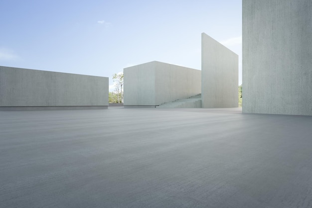 Sol en béton vide pour parking. Rendu 3D du bâtiment gris abstrait avec fond de ciel clair.