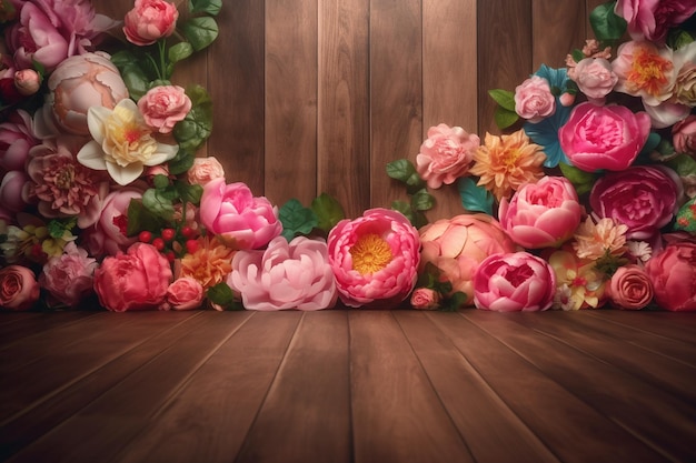 Un sol en bois avec des fleurs et un mur en bois avec un cadre de fleurs et le mot amour dessus.