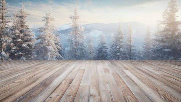 un sol en bois avec une montagne en arrière-plan