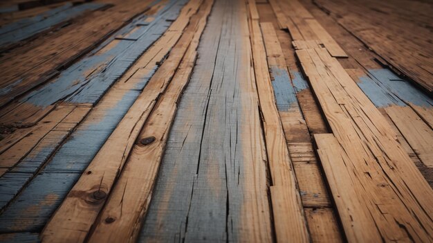 un sol en bois avec une planche en bois bleu qui a une bande bleue