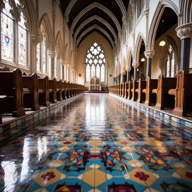 Un sol en carreaux vibrant dans une vieille église avec des surfaces très polies