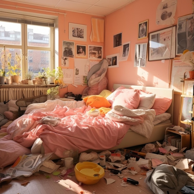 Le sol de la chambre à coucher en désordre