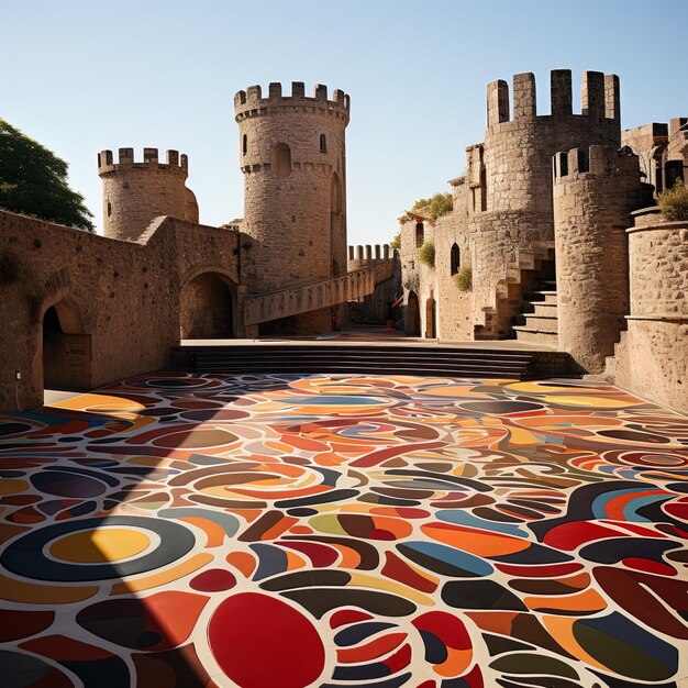 un sol coloré avec un motif de cercles et un bâtiment avec une grande mosaïque colorée dessus