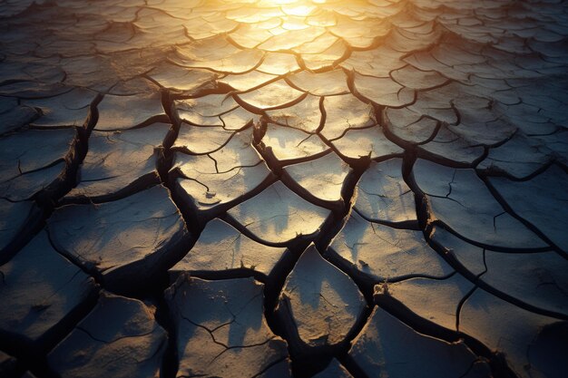 Sol désertique fissuré sous un clair de lune vif projetant de longues ombres dramatiques