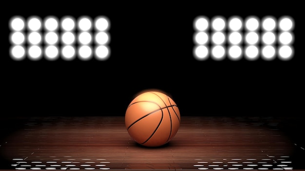Sol du terrain de basket avec ballon et rétro-éclairage sur fond noir