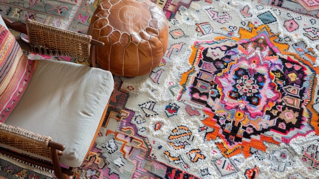 Photo le sol est recouvert d'un magnifique tapis tissé à la main avec un caléidoscope de couleurs et de motifs