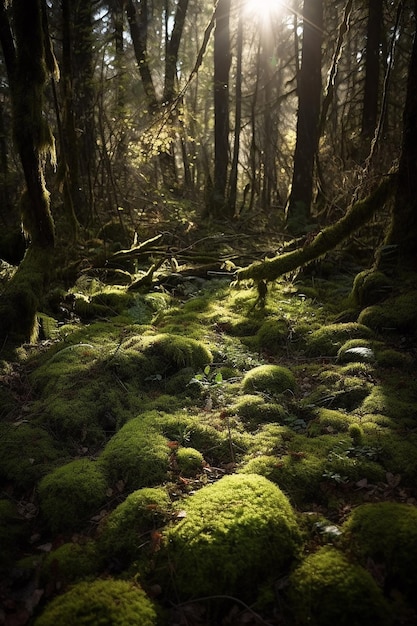 Un sol forestier avec des rochers couverts de mousse et une lumière qui brille à travers les arbres.