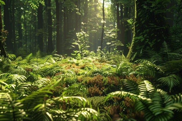 Un sol de forêt luxuriant couvert de fougères